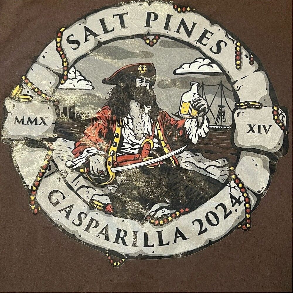 Salt Pines Gasparilla 2024 Pirate Graphic Pocket T-Shirt Brown Unisex M